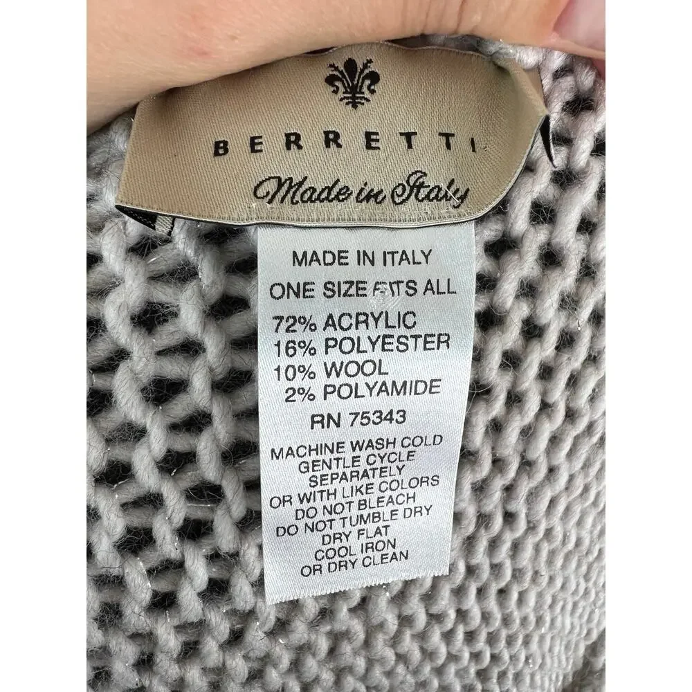 BERRETTI Gray Chunky Knit Relaxed Wool Cuffed Pullover Sweater One Size ITALY
